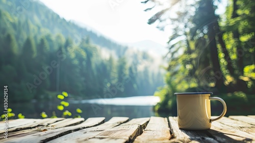 Serene Outdoor Scene with White Mug on Wooden Bench by Calm Lake.