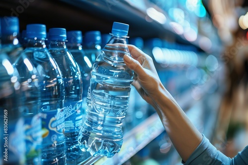 Closeup woman hand taking a plastic water bottle from the shelf in the supermarket