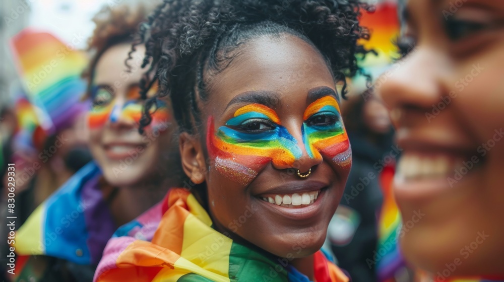 Participants at a Pride parade proudly displaying rainbow face paint, symbolizing diversity and inclusion. celebration and solidarity within the LGBTQ+ community Participants at a Pride parade proudly displaying rainbow face paint, symbolizing diversity and inclusion. celebration and solidarity within the LGBTQ+ community