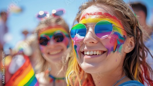 Participants at a Pride parade proudly displaying rainbow face paint, symbolizing diversity and inclusion. celebration and solidarity within the LGBTQ+ community