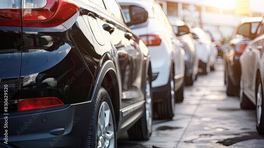 Fototapeta premium Row of Parked Cars in Sunlit Outdoor Space