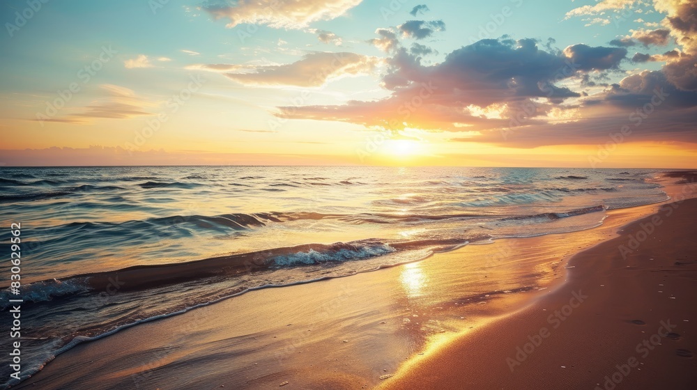 Obraz premium Serene Sunset Scenery with Waves and Rocks on a Beach.
