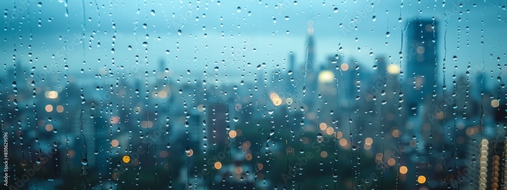 Fototapeta premium A window looking out onto a rainy cityscape, with the blurred bokeh capturing the movement of the raindrops.
