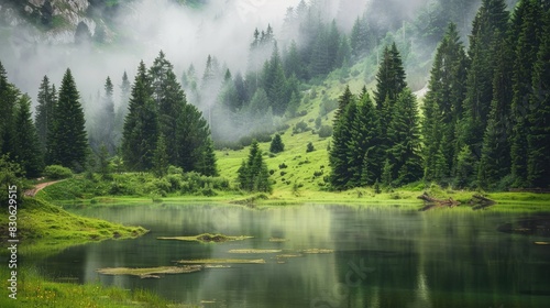 Serene Lake Scene with Verdant Surroundings and Foggy Mountains