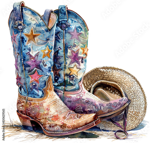 A detailed watercolor painting of cowgirl boots and a matching hat, isolated on a white background. The boots are depicted with rich, earthy colors and adorned with classic Western motifs like stars