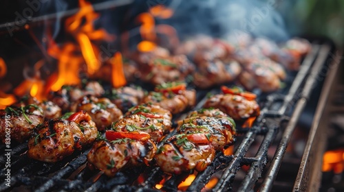 Grilled Meat Skewers with Vegetables and Herbs on a Wire Mesh Grill photo