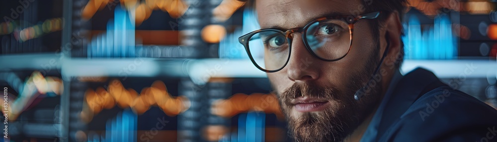 Focused Financial Analyst Studying Data Charts and Graphs on Multiple Screens for Insightful Business Decisions Focused Financial Analyst Studying Data Charts and Graphs on Multiple Screens for Insightful Business Decisions