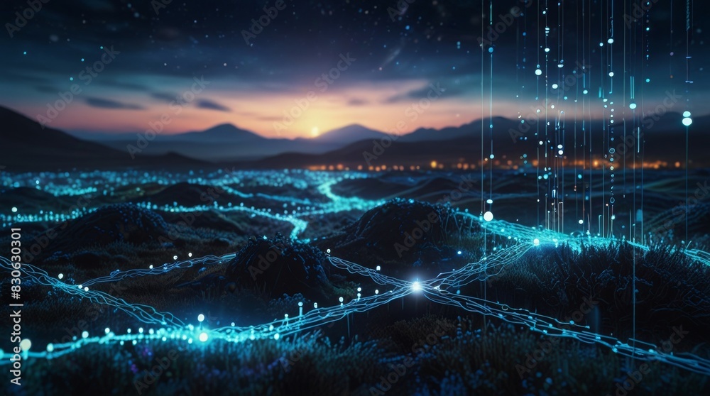 Abstract background of digital network, data flow and connectivity in blue Abstract background of digital network, data flow and connectivity in blue