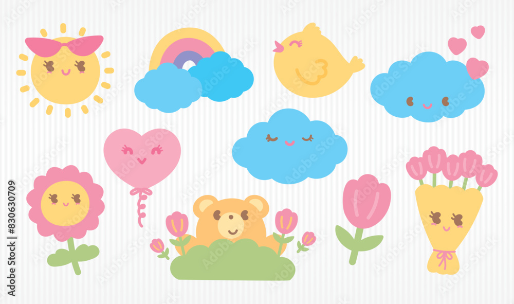 Fototapeta premium cute kawaii style hand drawn cartoon graphic element vector set in happy day concept