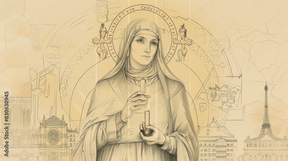 Fototapeta premium St. Genevieve Holding Candle in Ancient Paris, Biblical Illustration, Beige Background, Copyspace