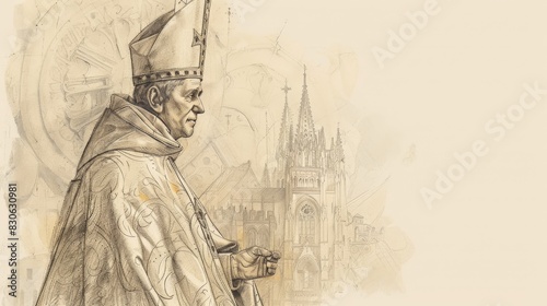 St. Hugh of Lincoln in Bishop's Robes in 12th-Century English Cathedral, Biblical Illustration, Beige Background, Copyspace