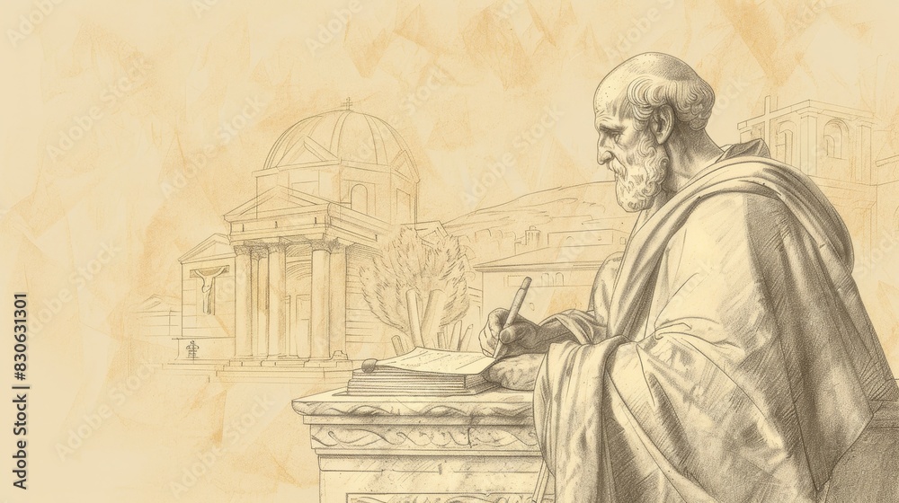 Fototapeta premium St. Irenaeus Writing in 2nd-Century Church, Biblical Illustration, Beige Background, Copyspace