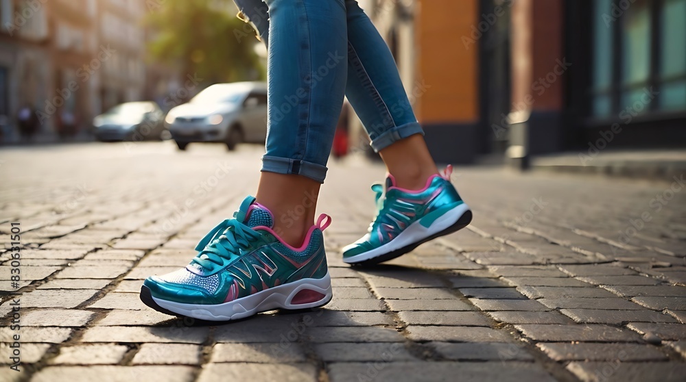 person wearing bright pink leggings and multicolored sneakers is standing on a brick street. person wearing bright pink leggings and multicolored sneakers is standing on a brick street.