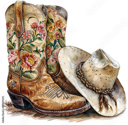 A vibrant watercolor illustration of a pair of cowgirl boots and a wide-brimmed hat, set against a white background. The boots are intricately detailed with floral embroidery and traditional Western