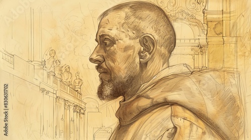 St. Francis Borgia Reflecting in 16th-Century Spanish Court, Biblical Illustration, Beige Background, Copyspace photo