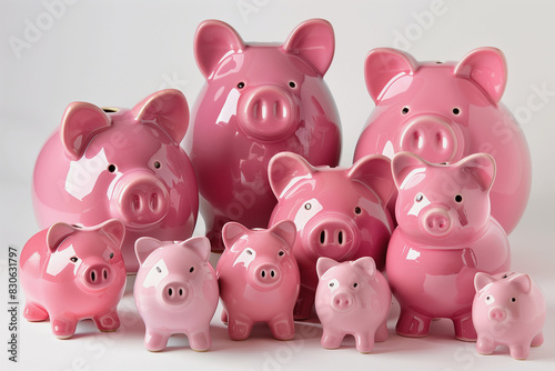 A row of pink piggy banks lined up on a white background. The piggy banks are all different sizes and shapes, but they all have the same color. Concept of organization and order