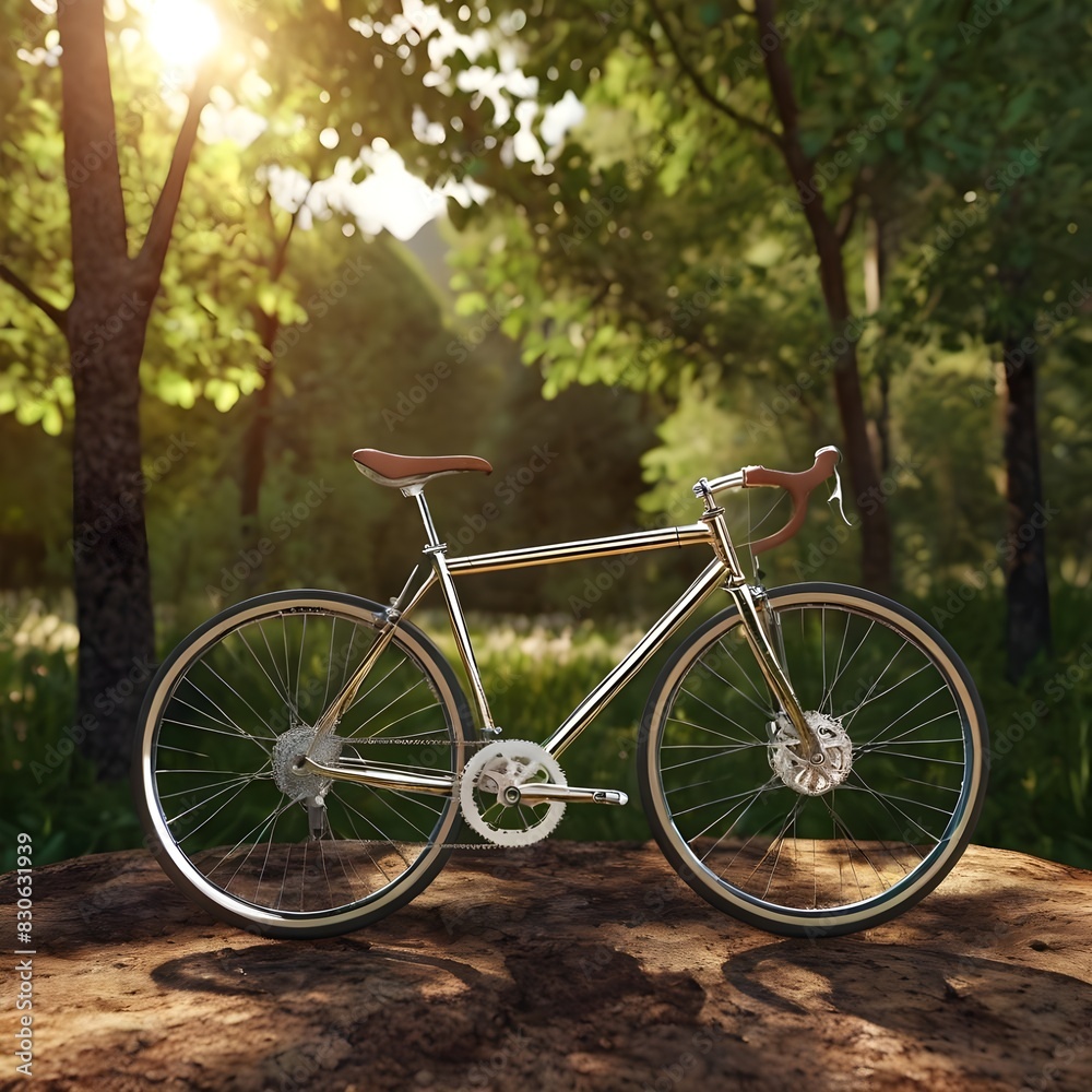 Fototapeta premium A model of a shiny new bicycle in a d nature background setting.generative.ai