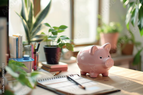 A pink piggy bank sits on a desk next to a notebook and a potted plant. The piggy bank is a symbol of saving money and financial responsibility