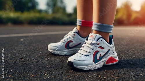  person wearing white, blue, and red sneakers is standing on a track. 