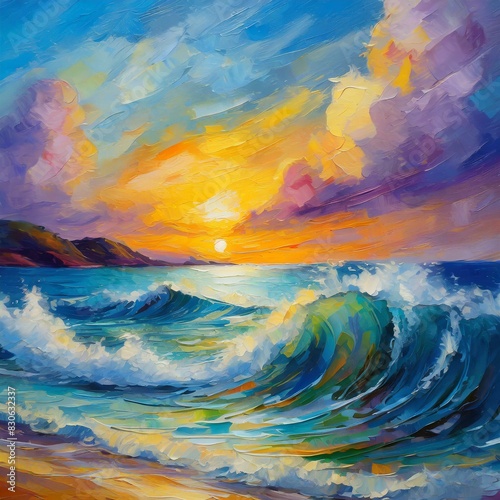 Colorful sky and ocean wave abstract background. Oil painting style. Made with Generative AI.
