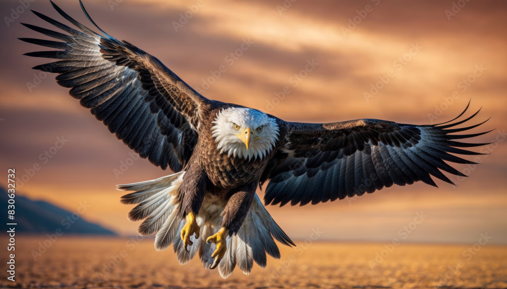 Fototapeta premium American bald eagle in flight at sunset, close-up