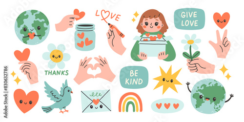 Cute set of stickers with kindness and love. Includes phrases and illustrations. Love, Gratitude, Peace concept. 