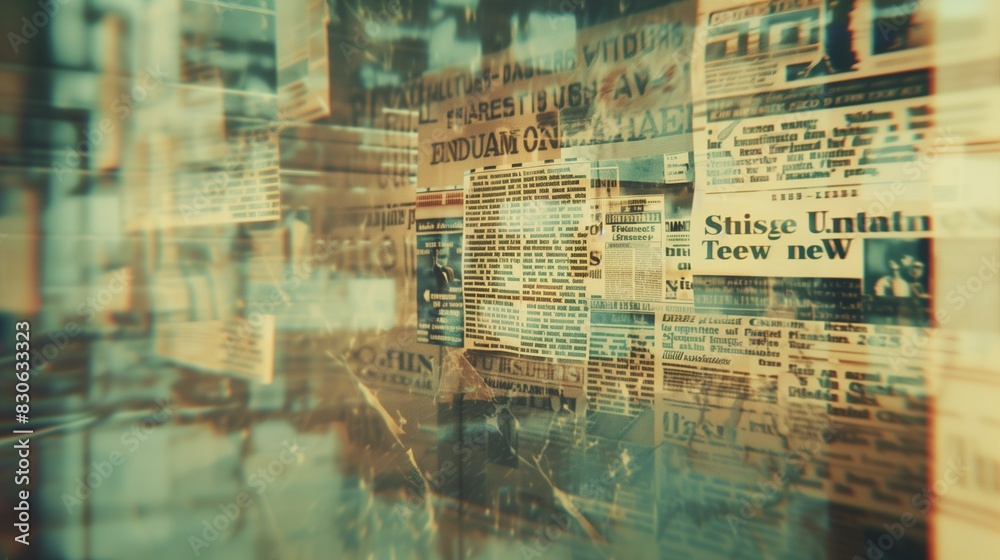 Faded headlines and blurred images merge together in a collage of journalistic history, each fragment a testament to the passage of time and the ephemeral nature of news.