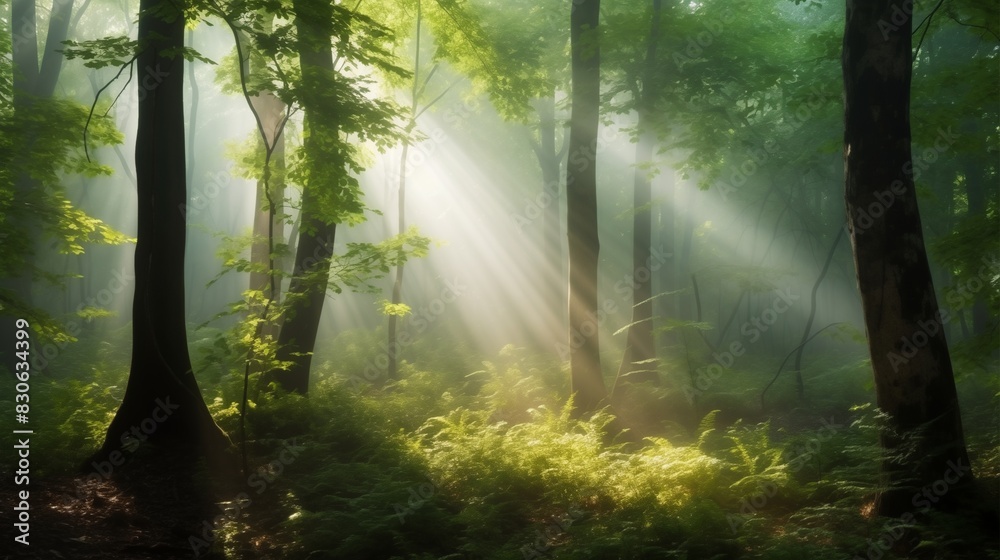 Fototapeta premium Misty Forest Morning. A mysterious misty forest in the early morning, light beams filtering through dense trees creating beautiful shadows and highlights