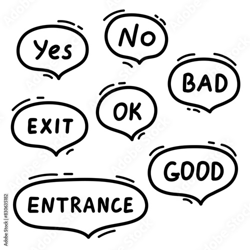Speech balloon with commonly used word, line hand drawn doodle. Talk bubble frame, dialog box, cloud with text. Yes, no, exit, entrance. Scribble simple line. Vector illustration