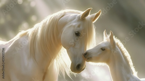Beautiful white horse with her baby foal  sunlight shining on them. Outdoor nature background. Parenthood concept.