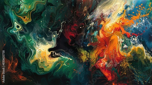 An abstract background portrayal of swirling, vibrant brush strokes illustrates the collision of galaxies and stars, characterized by flames, waves, and explosions, generated by AI.