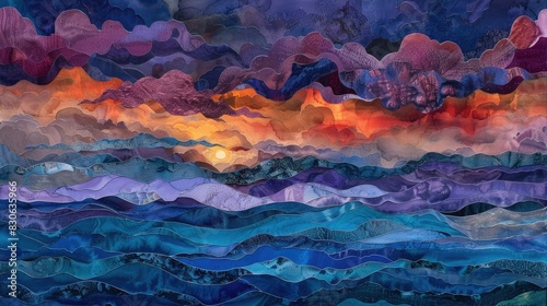 A surreal landscape of an ocean at sunset, with waves crashing against the shore in shades of blue and purple, with red clouds in the sky, Generative AI
