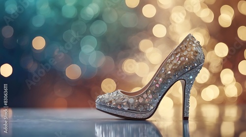 silver sparkly stiletto heel with a crystal-embellished strap sits