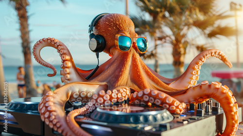 Fototapeta Naklejka Na Ścianę i Meble -  Octopus DJ Wearing Sunglasses And Headphones, Mixing Music At A Vibrant Beach Party