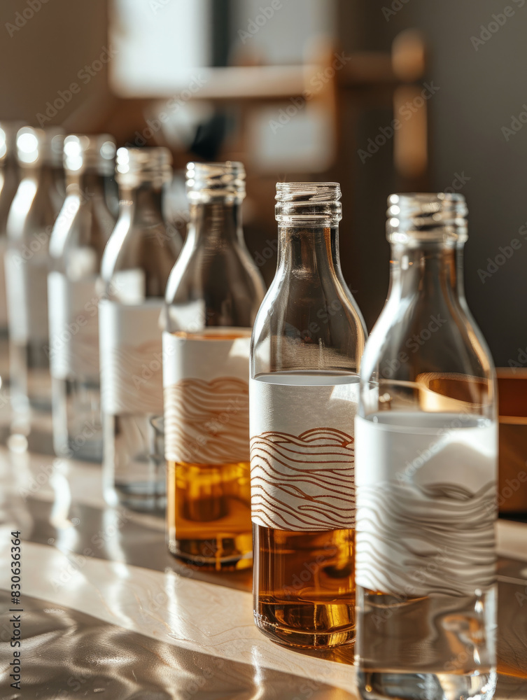 Several glass bottles with labels arranged in a row, varied liquid levels. Several glass bottles with labels arranged in a row, varied liquid levels.