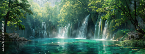 The breathtaking Plitvice National Park in Croatia  featuring the mesmerizing waterfalls  invites visitors to explore its lush greenery and crystal clear waters.