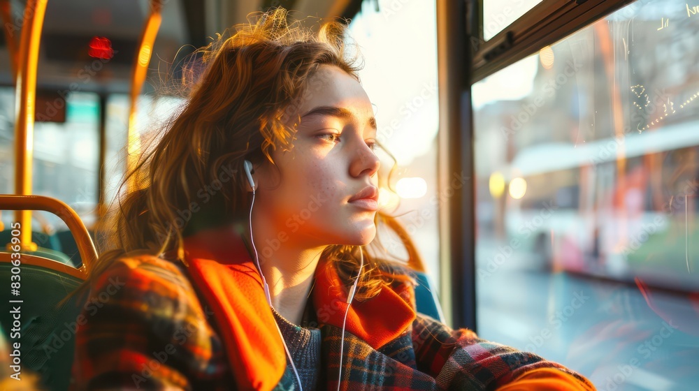 An atmospheric photo of a stylish young woman sitting near the front of the bus, immersed in her music with earbuds in. An atmospheric photo of a stylish young woman sitting near the front of the bus, immersed in her music with earbuds in.