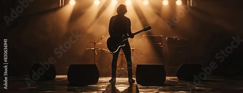 A rock star on stage, playing guitar in front of a cheering crowd. The stage is lit up with bright lights.