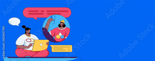 Virtual characters social communication concept business flat vector hand drawn illustration
