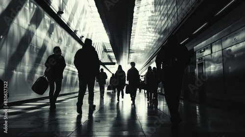 A dynamic shot of silhouetted figures walking with purpose through the corridors of a major railway terminus, emphasizing the scale and anonymity of the space. photo