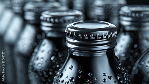 Close-up of water bottles with condensation droplets. photo