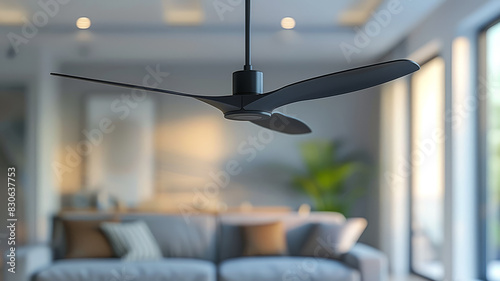 Black ceiling fan in a modern living room with stylish decor.