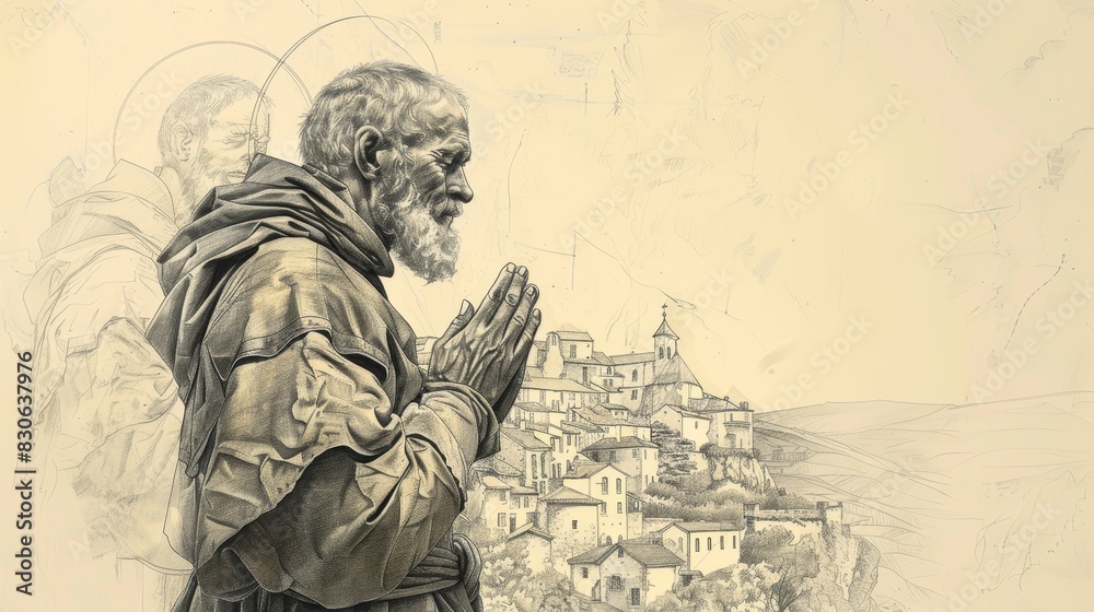 Fototapeta premium St. Drogo in Prayer in 12th-Century French Village, Biblical Illustration, Beige Background, Copyspace