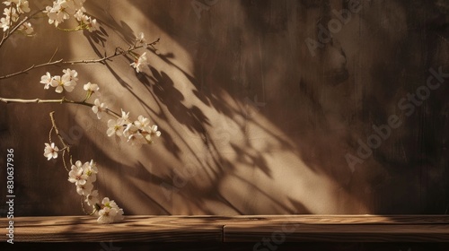 Wooden table for product display with wooden board and cherry blossom background
