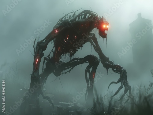 A terrifying monster with glowing red eyes and a skeletal body emerges from the mist. photo