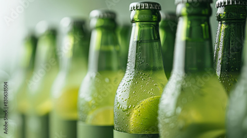 Several green beer bottles with condensation, close-up