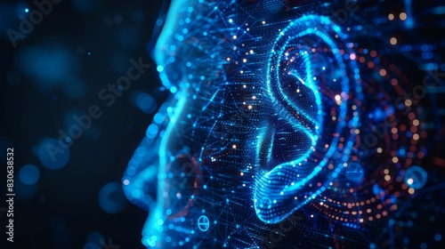 Blue and purple glowing human ear made of particles. Artificial intelligence concept. photo