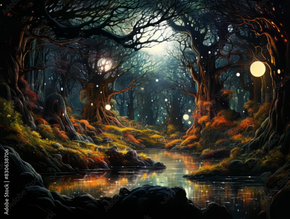 Mystical foggy forest with glowing mushrooms and a small river running through it.