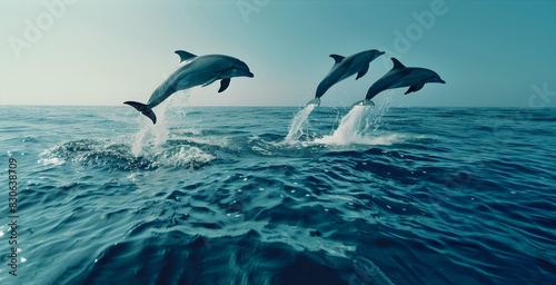 Three dolphins in mid-air. Morning dive with three dolphins in the open sea. Wildlife photography for nature lovers. Marine life captured beautifully. AI © Irina Ukrainets