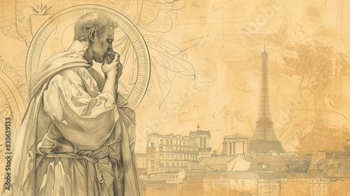 St. Denis of Paris Holding His Head in Ancient Paris, Biblical Illustration, Beige Background, Copyspace photo